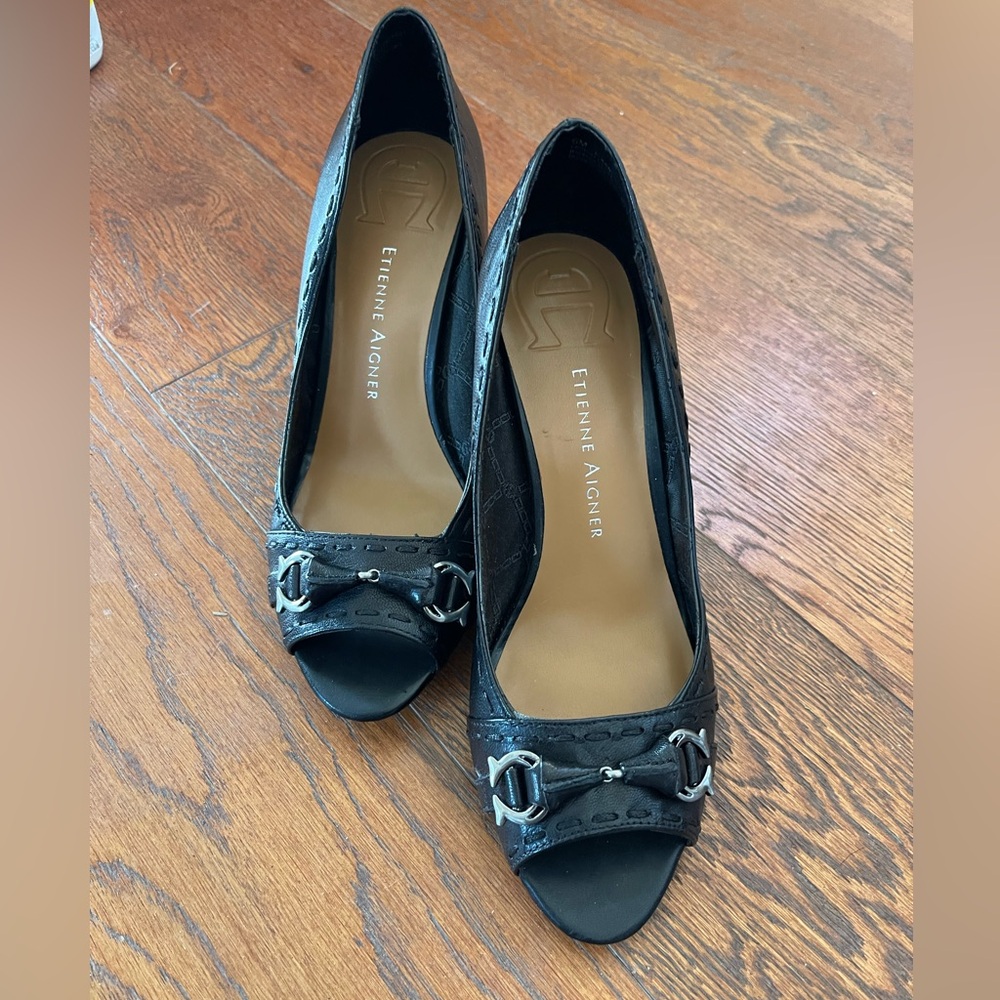 Etienne Aigner Black Peep Toe Heels with Buckle Detail